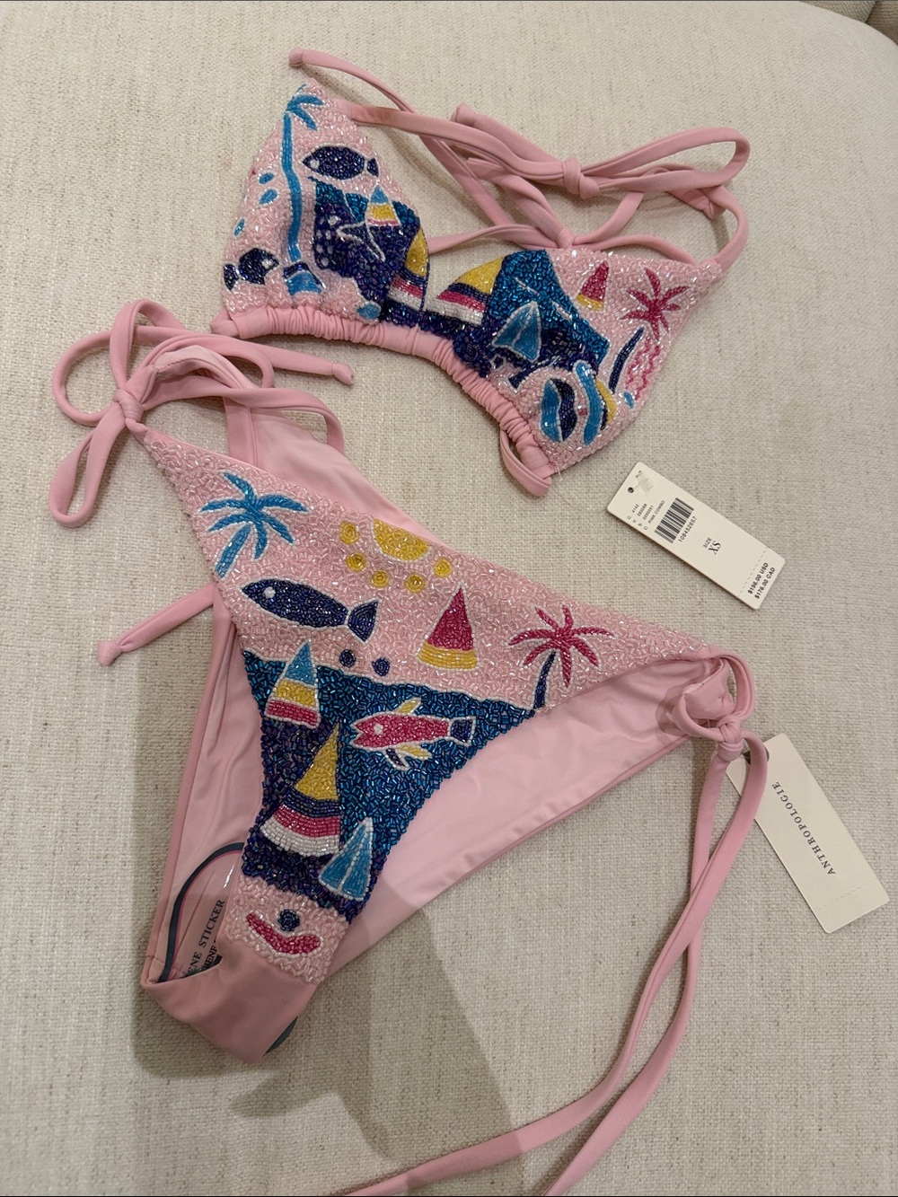 Oceanus Pink & blue beaded Bikini Set with Beach print XS S NWT *